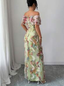 Elenzga Elegant Romantic Ruffle Off Shoulder Fitted Mesh Floral Dress For Women - Mint Green - View 2