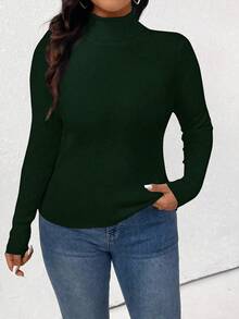 Plus Size Women Solid Color Ribbed Knit Turtleneck Sweater, Casual For Autumn/Winter - Dark Green - View 1