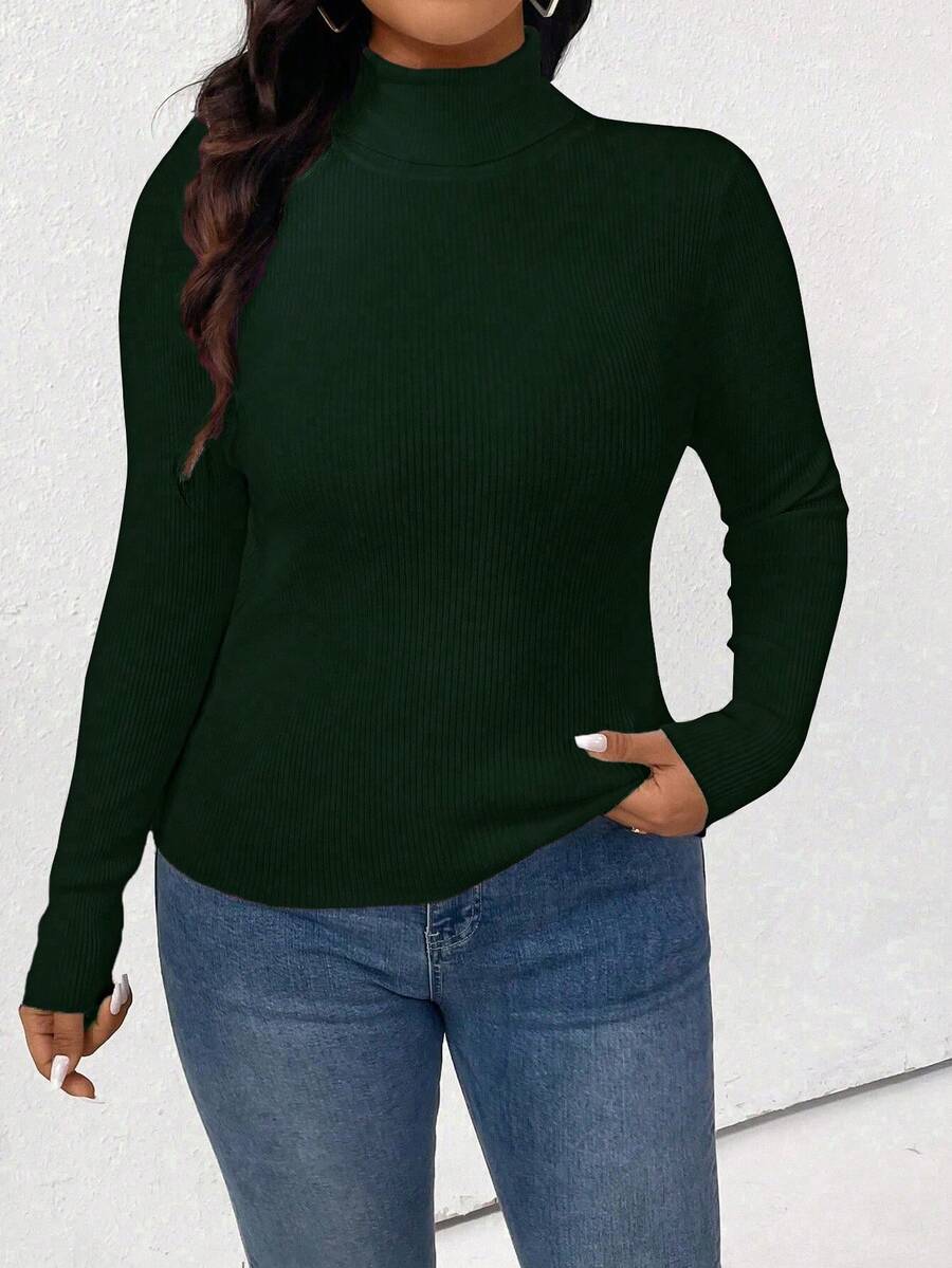 Plus Size Women Solid Color Ribbed Knit Turtleneck Sweater, Casual For Autumn/Winter - Dark Green - View 1