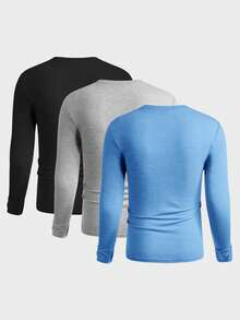 Manfinity VCAY 3 件男士圆领长袖简约针织 T 恤，休闲日常穿着 - 黑色 - 查看 2