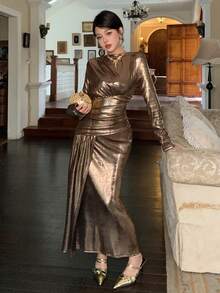 DAZY Women's Elegant Solid Color Glossy Pleated Mid-Length Dress, Autumn