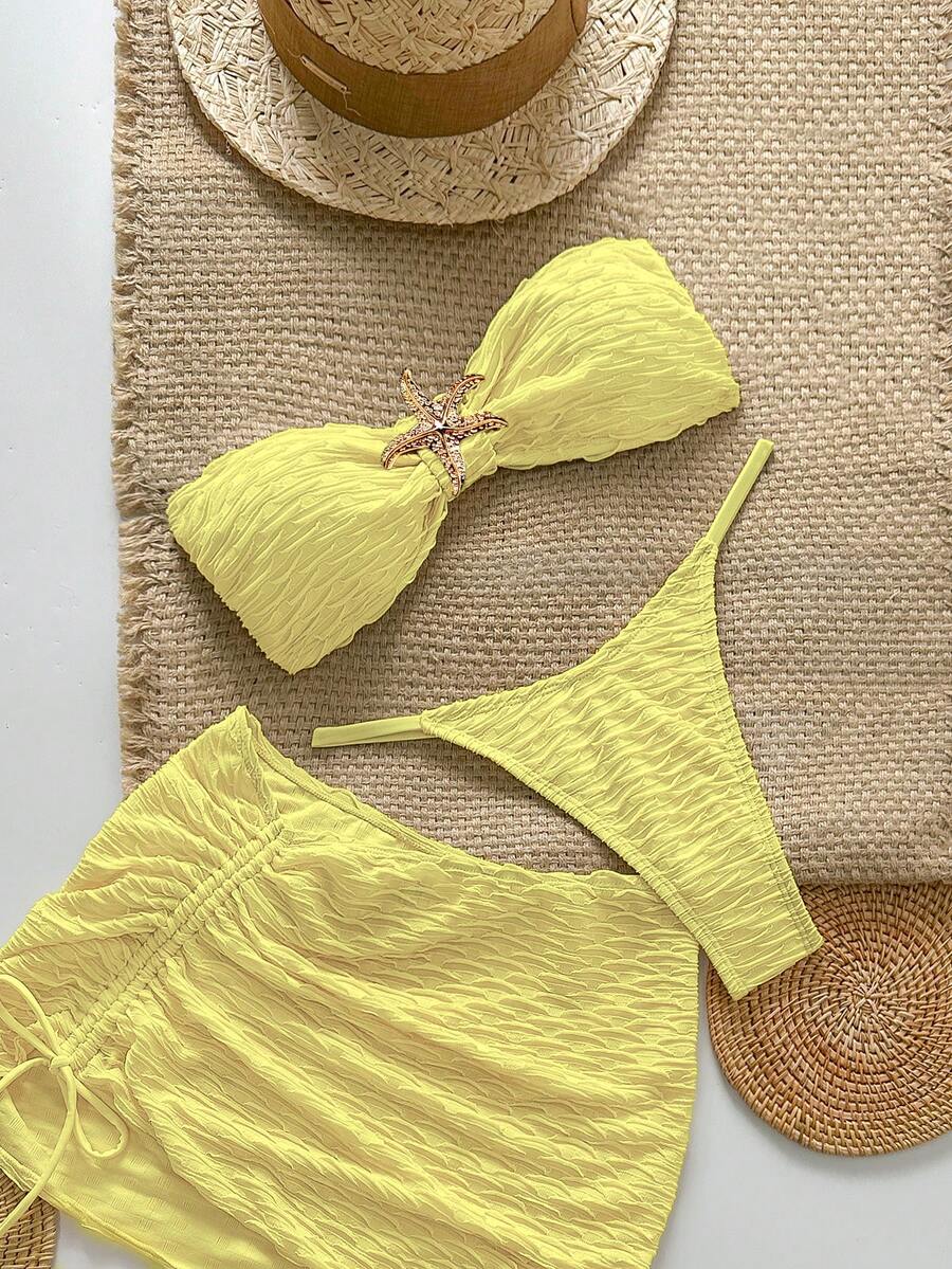 Swim Chiccia Set de costum de baie sexy cu 3 piese, top texturat fără bretele, slip triunghiular și fustă mini - Galben - Vizualizare 1
