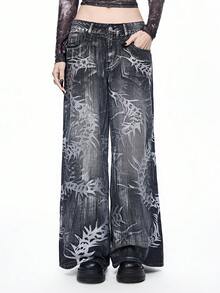 ROMWE Grunge Punk جينز واسع الساق مغسول بتصميم فتاة آلية مستقبلية - رمادي - مشاهدة 7