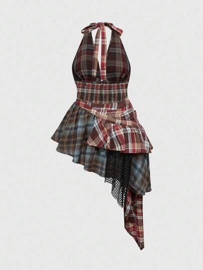 ROMWE Avant Plus Size Fashion Plaid Patchwork Asymmetric Hem Backless Halter Dress