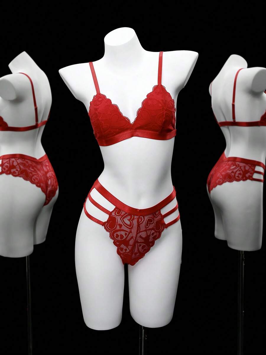 Seduluxe مجموعة ملابس داخلية نسائية مثيرة من الدانتيل بتصميم قلب، مريحة، مناسبة لعيد الميلاد، قطعتان - الأحمر - مشاهدة 1