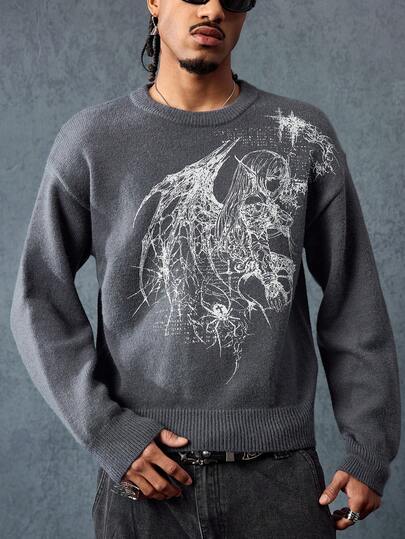 Street Life Men's Casual Loose Fit Dark Anime Character Graphic Drop Shoulder Pullover Sweater, Autumn/Winter