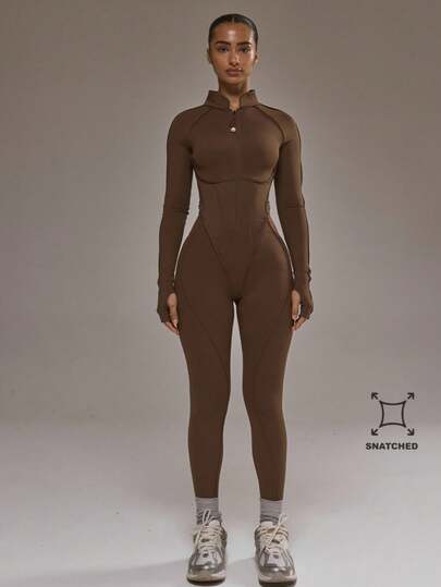 Musera Sport Contrast Piping Zip Through Open Back Fitted Long Sleeve Jumpsuit Padel Autumn Fall  Activewear Sport Gym Workout Yoga Pilates Fitness Daily Casual