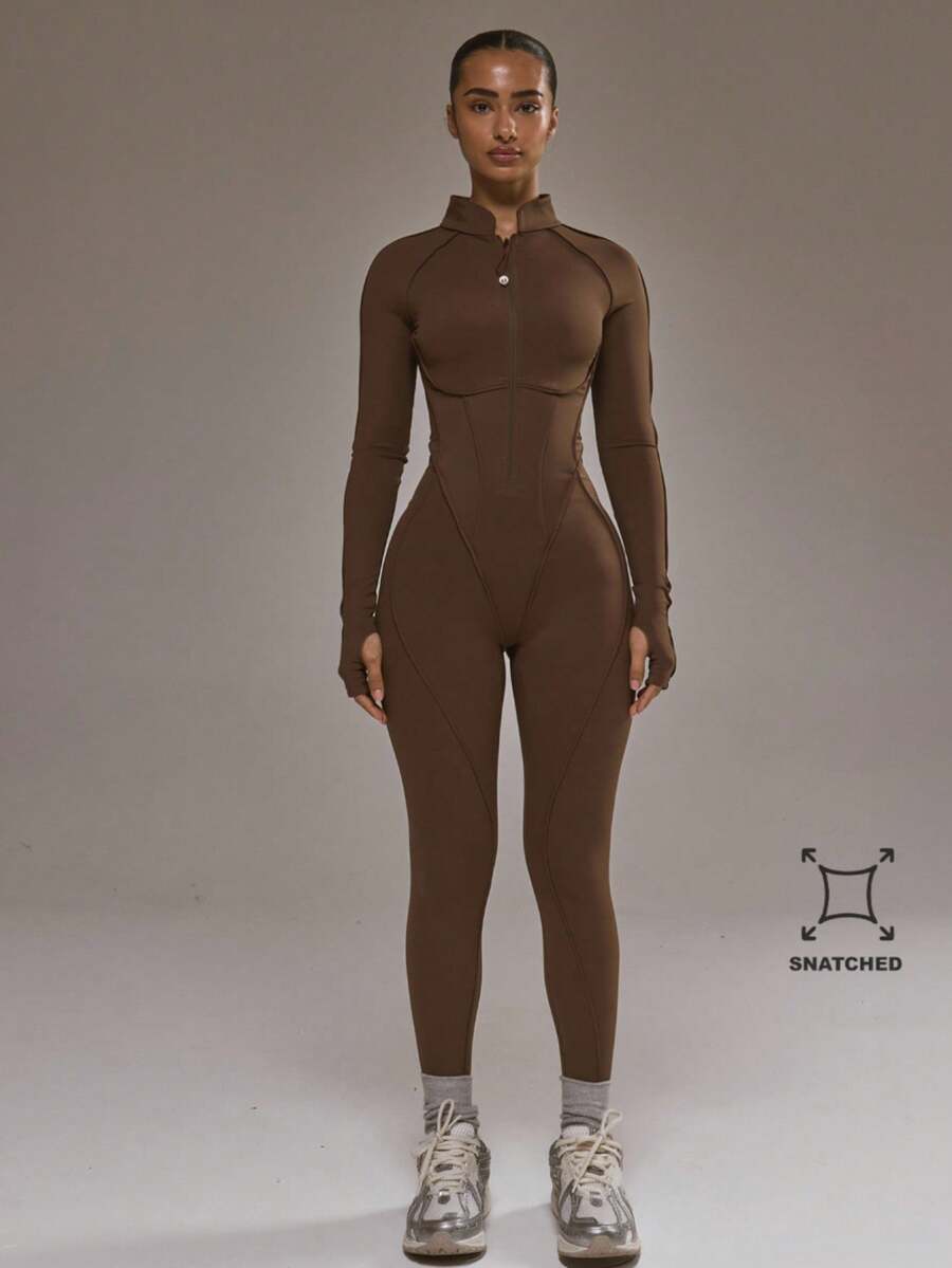 Musera Sport 撞色滚边拉链露背修身长袖连体裤，适合板式网球、运动健身、瑜伽、普拉提、日常休闲穿着。 - 咖啡棕 - 查看 1