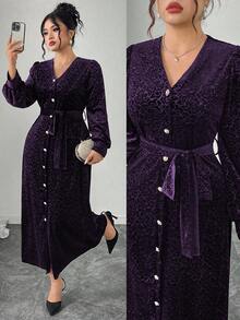 Modelyn Vestido de fiesta elegante de terciopelo con cuello en V y mangas farol para mujer de talla grande - Morado - Ver 1