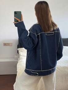 Livesso Damen lässige, weite Denim Jacke mit Umlegekragen, Herbst - Blau - Übersicht 2