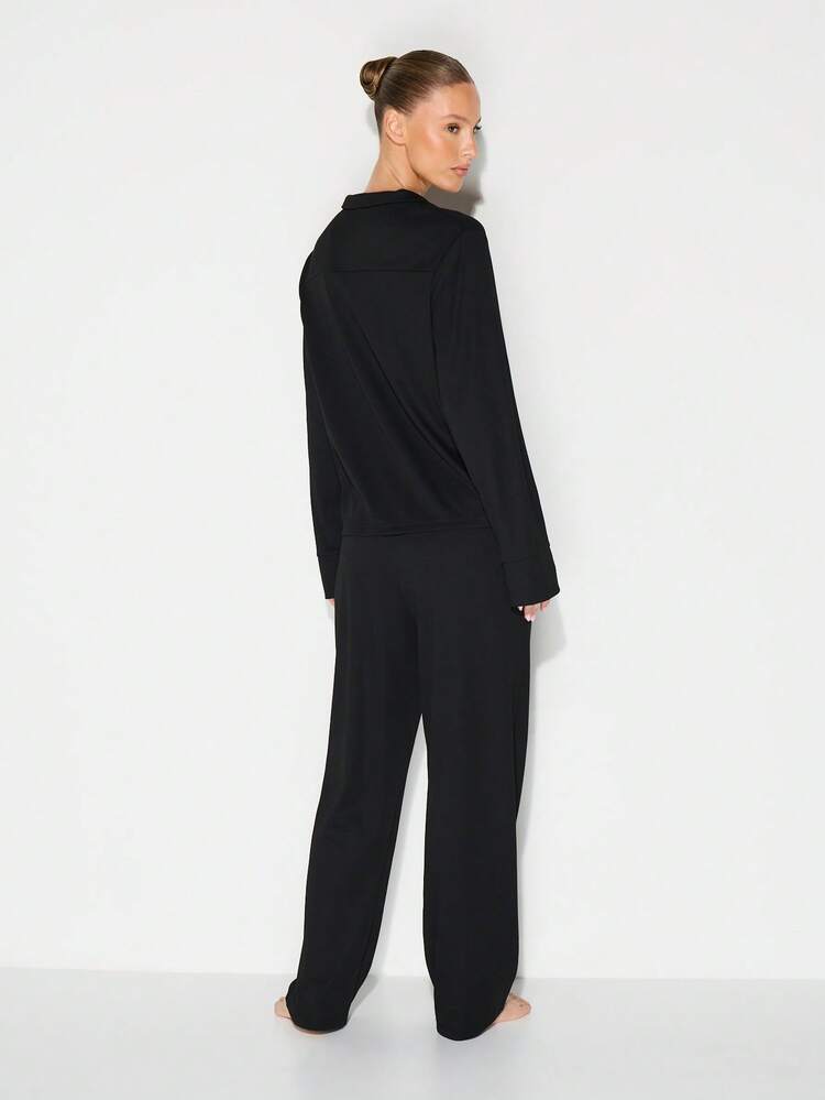 KIZN Soft Button Front Long Sleeve Pajama Set With High Rise Straight Leg Pants For Comfort Loungewear