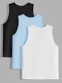 Manfinity BRENVOR 3-Pack Men's Casual Solid Color Knitted Sleeveless Top, Versatile For Daily Wear - Multicolor - View 2