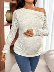 SHEIN Camiseta de manga larga con hombros asimétricos y encaje de unicolor para maternidad - Caqui - Ver 4