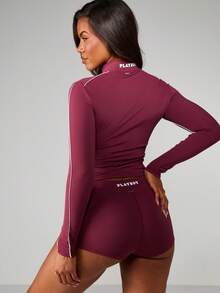 Missguided x Playboy Funnel Neck Zip Up Track Top And Cycling Shorts Coordinated Set With White Contrast Piping Detail - Burgundy - View 2
