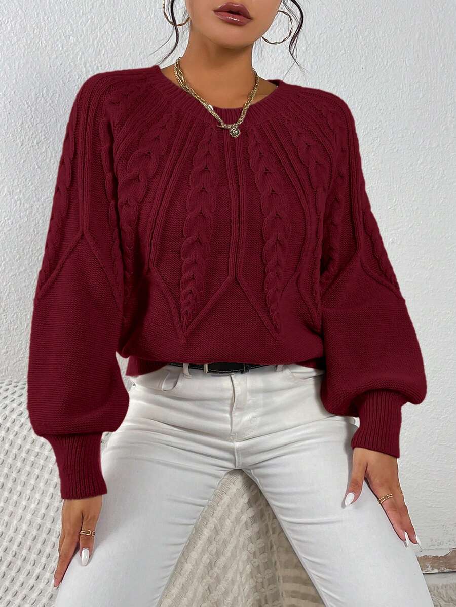 SHEIN LUNE Women's Casual Solid Color Round Neck Raglan Sleeve Loose Knit Sweater, Autumn/Winter - Burgundy - View 1