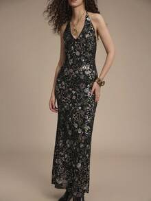 Chiquease Vestido elegante con cuello en V, bordado con lentejuelas para mujeres, adecuado para fiestas formales, cumpleaños, banquetes en otoño/invierno - Negro - Ver 4