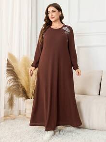 Lacomfia Vestido de estar por casa casual de talla grande para mujer con textura de tela de parches florales - Café integral - Ver 6
