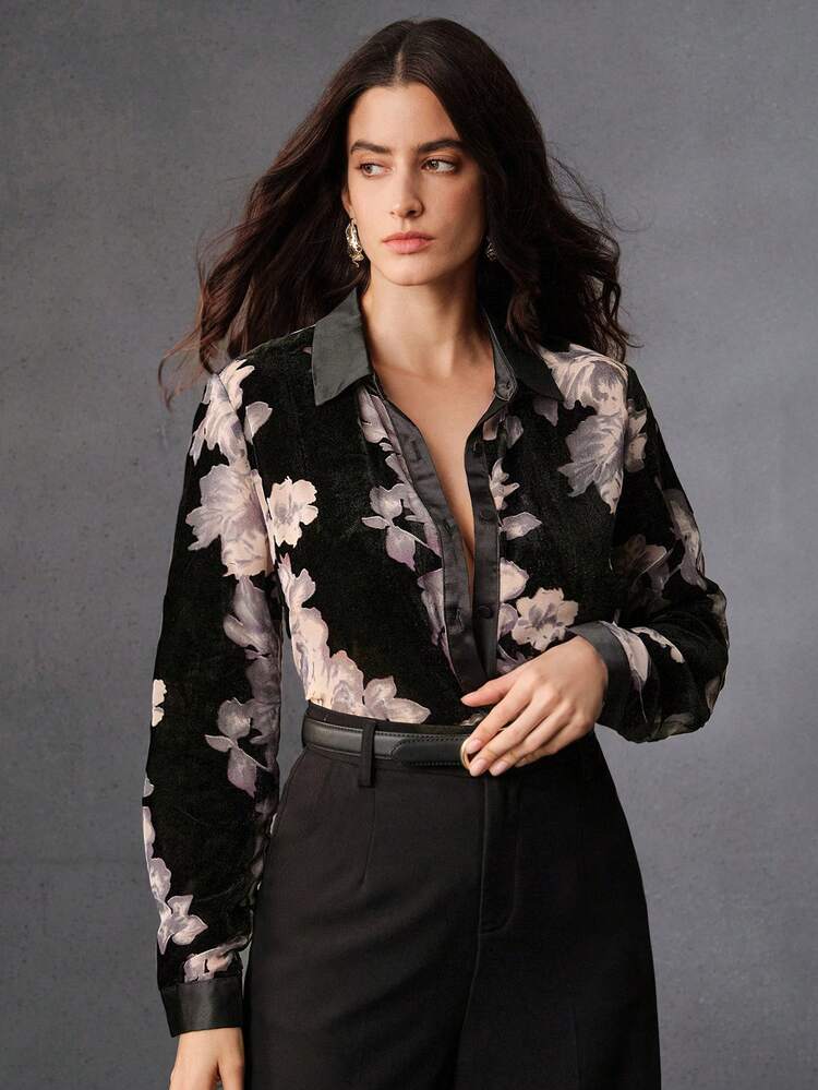 Women's Fashionable Vintage Velvet Floral Print Casual Loose Long Sleeve Shirt