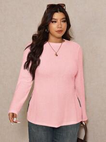 Elaquor Plus Size Casual Side Slit Solid Color Round Neck Regular Shoulder Long Sleeve T-Shirt Pink - Pink - View 6