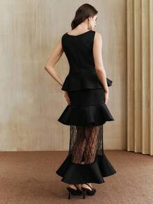 Anewsta 时尚无袖心形领口荷叶边蕾丝拼接优雅连衣裙 - 黑色 - 查看 2