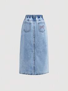 SHEIN Girlism Tween Girls Y2K Light Washed High Waist Pink Bowknot Flowers Embroidered Pocketed Cute Long Skirt Casual Baggy Jeans Skirt, Girls Fall Winter Back To School Homecoming Jeans,Girls Pants Streetwear Vintage Outfits,Comfortable And Versatile, For 8-12 Years Old Girls, Suitable For School, Home And Travel