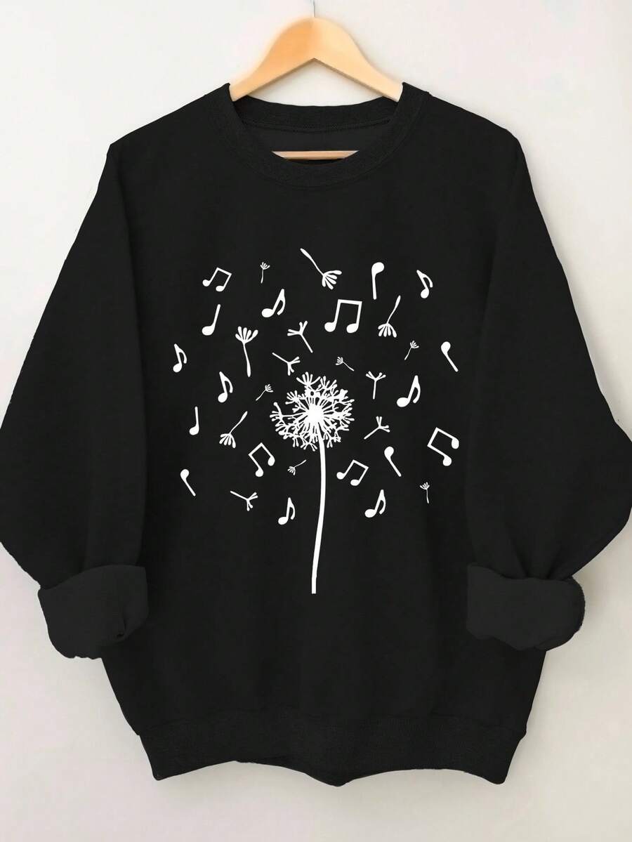 SHEIN LUNE 女士蒲公英和音符图案印花圆领卫衣 - 黑色,可机洗,休闲卫衣,适合日常穿着 - 黑色 - 查看 1