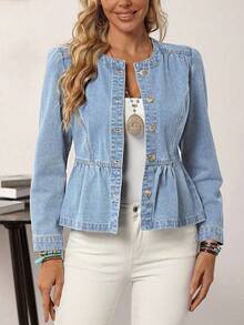EMERY ROSE Women's Solid Color Ruffle Hem Front Button Long Sleeve Denim Jacket