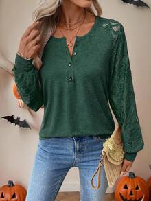EMERY ROSE Women's Contrast Lace Long Sleeve Button Half Placket Casual Sweatshirt - Army Green - View 1