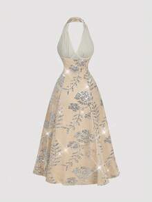 SHEIN MOD 女士丝绒亮片刺绣吊带连衣裙，女士冬季连衣裙，圣诞派对连衣裙，新年连衣裙，感恩节连衣裙，优雅派对连衣裙，亮片连衣裙，圣诞连衣裙，毕业典礼连衣裙，女士奢华晚礼服，新年夜连衣裙 - 杏色 - 查看 2