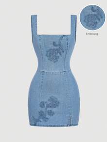 SHEIN MOD Women's Denim Dress With 3D Floral Decor - Blue - View 1