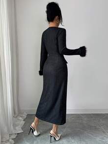 Elenzga 女士新款宴会风格黑色复古仿皮草拼接设计高端派对礼服，秋冬款 - 黑色 - 查看 4