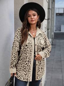 EMERY ROSE Plus Size Women Leopard Print Patchwork Shirt Style Jacket, Autumn/Winter - Khaki - View 5