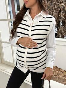 SHEIN Maternity Round Neck Striped Front Button Casual Sweater Vest
