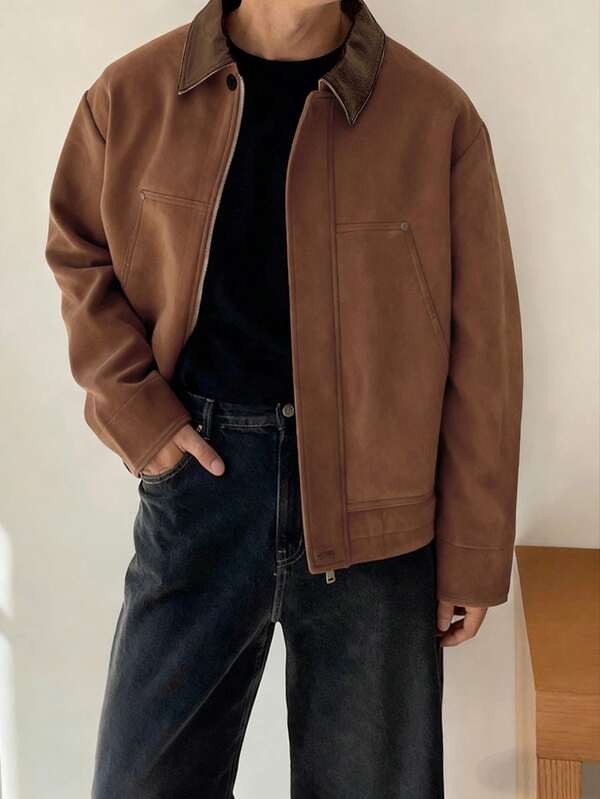 DAZY Men's Patchwork Collar Suede Fabric Brown Jacket And Coat, Autumn