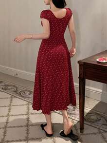 DAZY 碎花荷叶边收腰长款女士睡裙 - 酒紅色 - 查看 2