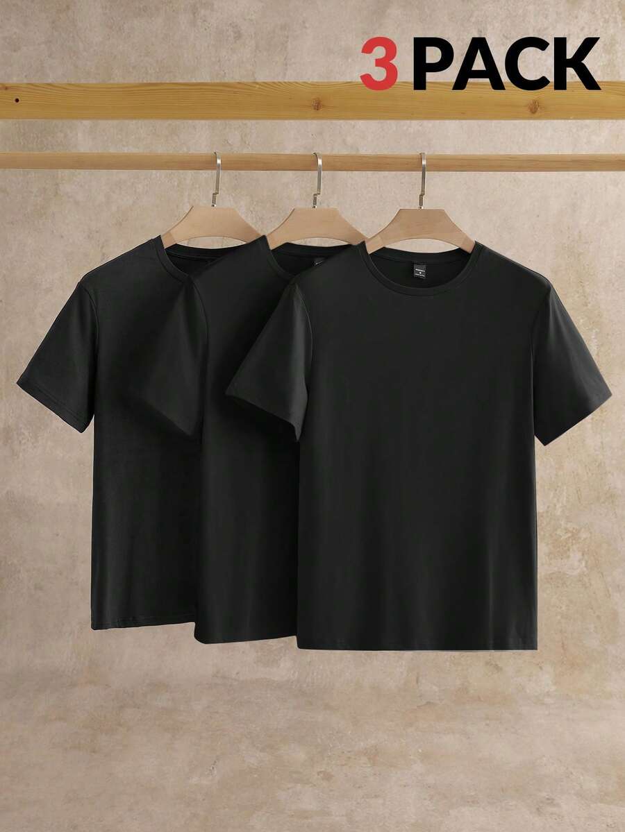 Manfinity NXTstreet Bộ 3 áo thun tay ngắn dệt kim màu trơn thường ngày cho nam, thích hợp mặc hàng ngày, áo cơ bản - màu đen - Xem 1