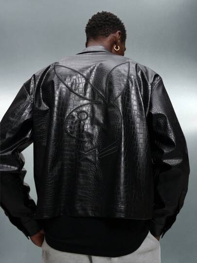 PLAYBOY X SUMWON Crop Fit Crocodile Snake Print Button Down Shirt Long Sleeve Collared PU Leather Finish