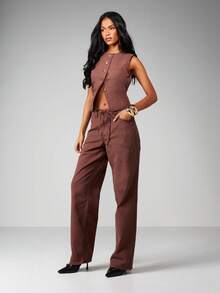 MISSGUIDED Hoher Bund, weite Beine, Hose mit Kordelzug-Taille und Gürteldetail für Frauen, Lässig Hose für Herbst und Winter - Braun - Übersicht 4