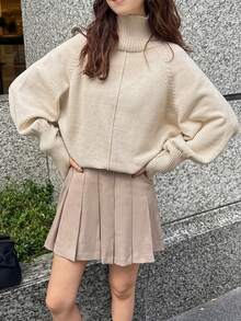 FRIFUL 女士休闲日常通勤简约纯色高领灯笼袖宽松针织衫，秋冬款 - 米色 - 查看 7