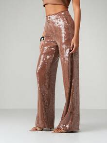 MISSGUIDED Sequined High-Waisted Wide Leg Palazzo Trousers For Evening Party Occasions - Khaki - View 6