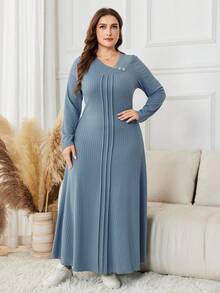 Lacomfia Gaun Kasual Maxi Rajut Jacquard Warna Polos Lengan Panjang Ukuran Besar - Dusty Blue - View 7