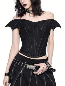 ROMWE Gothic Bat Asymmetric Collar Topstitch Design Stretchy Fitted Denim Top - Black - View 1