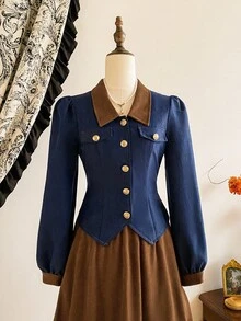 Vintamour Bộ đồ 2 món thanh lịch cổ điển dành cho nữ, có túi, áo sơ mi có cúc kim loại, váy chữ A, trang phục ngày lễ thường ngày, trang phục giáo viên dành cho nữ, quần áo mùa thu dành cho nữ, trang phục mùa thu dành cho nữ, trang phục đi nghỉ, trang phục mùa đông dành cho nữ, váy công sở thanh lịch dành cho nữ, trang phục cao bồi dành cho nữ, váy thanh lịch dành cho nữ, trang phục miền Tây dành cho nữ, váy mùa thu dành cho nữ, váy dạ hội - Nhiều màu - Xem 7