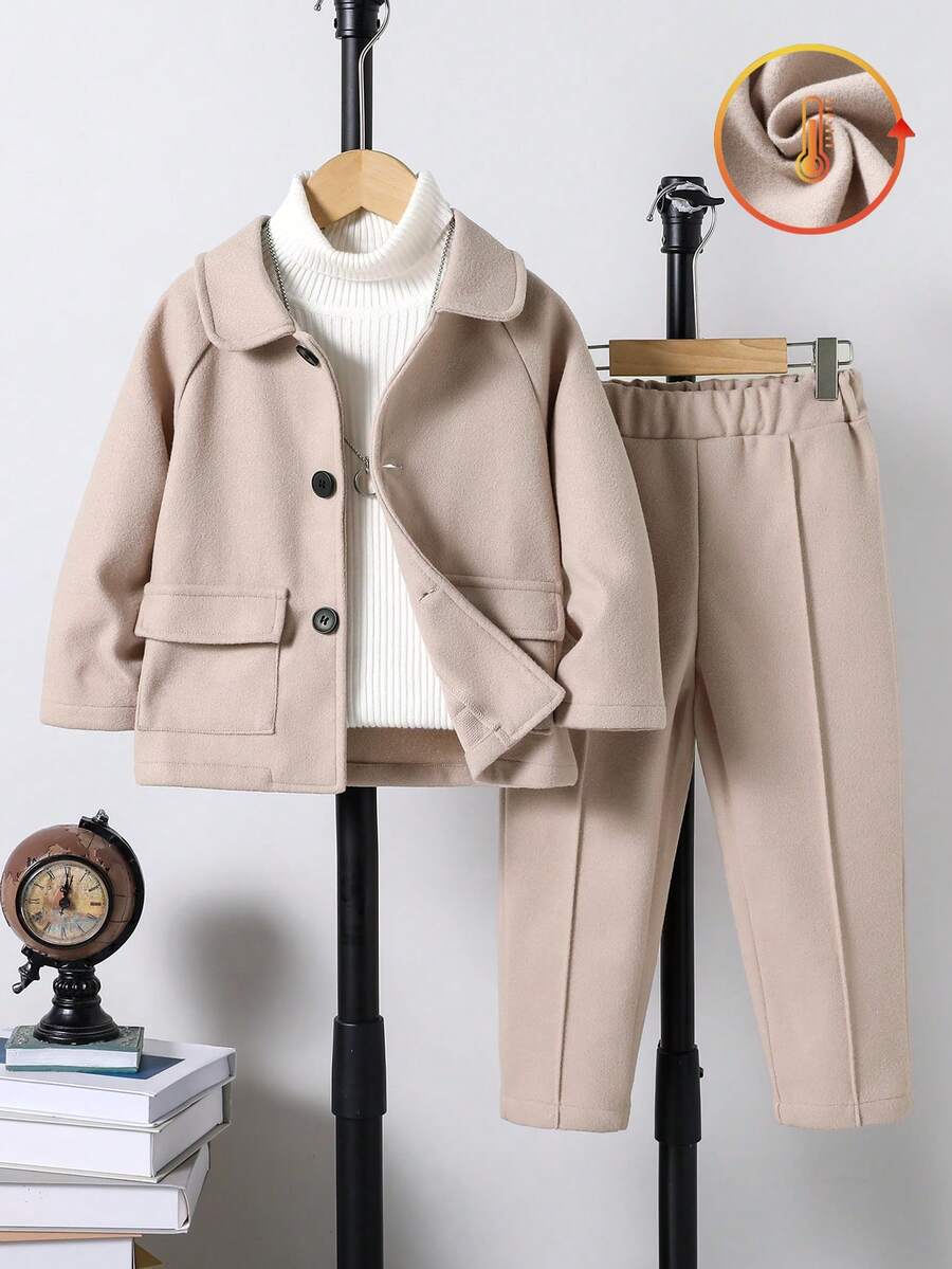 SHEIN 2pcs Young BoyCasual Suit Set - Collared Jacket And Pants - Mocha Brown - View 1