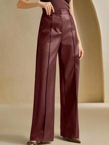 Anewsta 新款高品质柔软皮革阔腿裤，适合秋季、冬季、春季、新年、派对、婚礼、时尚、优雅、商务休闲等场合，也适合感恩节、毕业典礼、圣诞节等节日穿着。 - 酒紅色 - 查看 4