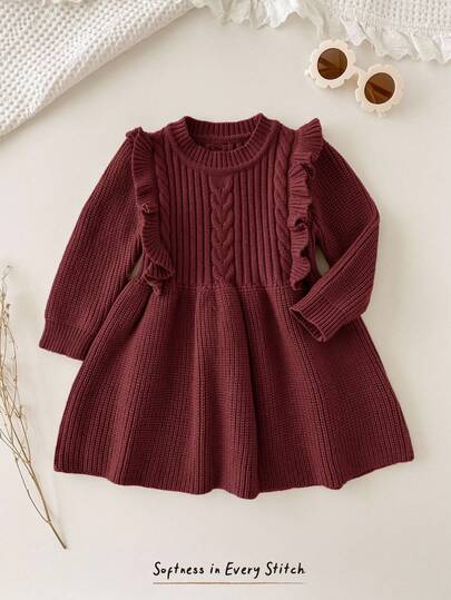 Cozy Pixies 女婴纯色圆领荷叶边下摆长袖腰部合身针织毛衣裙