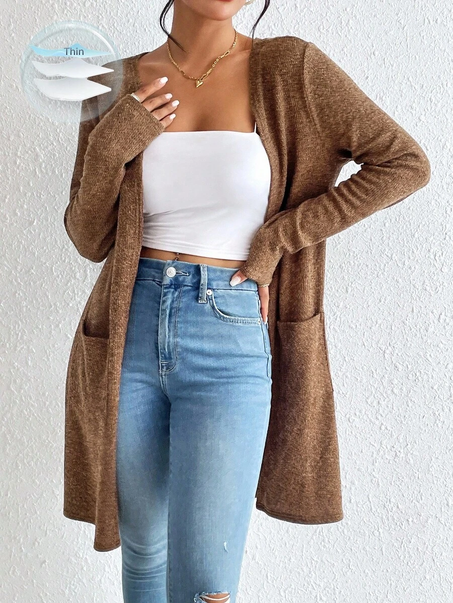 SHEIN Essnce Dual Pocket Open Front Coat Without Cami Top In Fall/Winter - Brown - View 1