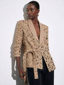 Aveloria Modichic Sequin Embellished Professional Office Wear Jacket With Side Tie Design, Long Sleeve - Khaki - View 5