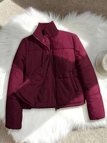 SHEIN Unity French Retro Red Casual Chic Design Versatile Comfortable Relaxed Fit Slim Flattering Shoulder Version Women Padded Coat, Autumn/Winter