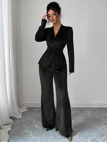 Elenzga New Elegant V-Neck Twist Waist Long Sleeve Top And Flare Leg Pants Set - Black - View 5